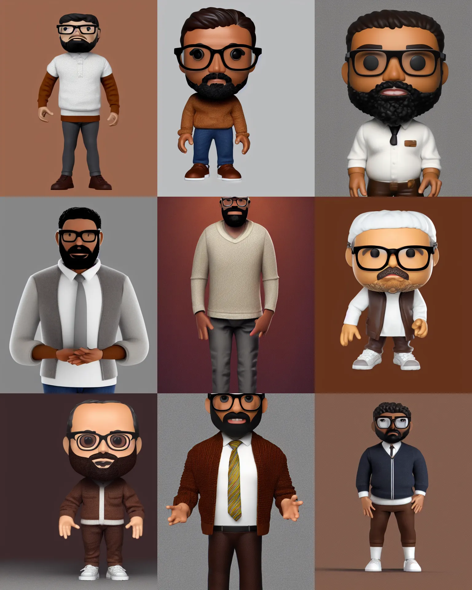 Prompt: full body 3d render of brown man with beard, glasses, brown sweater, white collar, as a full body funko pop!, studio lighting, grey background, single body, no shadow, blender, trending on artstation, 8k, highly detailed