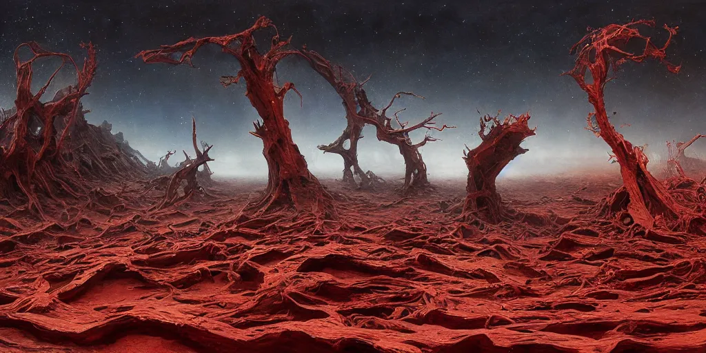 Image similar to supernova tornado, alien surface planet covered with black tree roots, red desert mars, norilsk, painted by ruan jia, raymond swanland, lawrence alma tadema, zdzislaw beksinski, norman rockwell, jack kirby, tom lovell, alex malveda, greg staples, steve mccurry