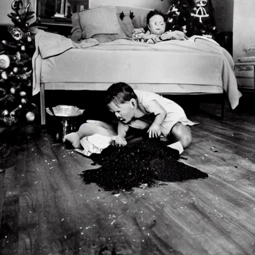 Prompt: children waking up on christmas morning to a mass of black tar on the living room floor, life magazine photo, 1946