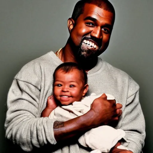 Image similar to kanye west smiling and holding holding baby yoda for a 1 9 9 0 s sitcom tv show, studio photograph, portrait c 1 2. 0