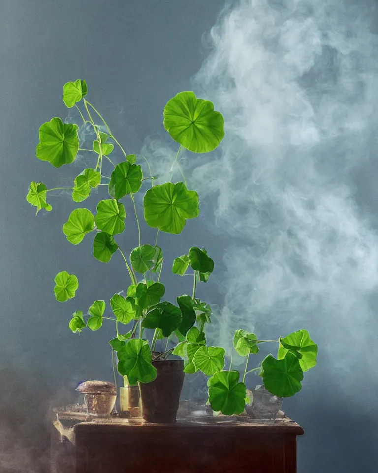 Prompt: photorealistic photograph still life of nasturtium surrounded by blueish smoke with soft light coming from a window in a dark room, moody