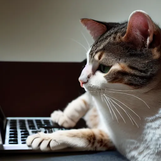 Prompt: an anthropomorphic cat looking up cat videos on a computer using mouse with paw, 85mm f1.8