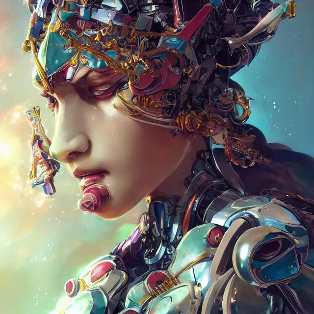 Image similar to studio portrait of lawful good colorful female holy mecha paladin absurdly beautiful, elegant, young sensual graceful woman, ultrafine hyperrealistic detailed face illustration by kim jung gi, irakli nadar, intricate linework, sharp focus, bright colors, matte, octopath traveler, final fantasy, unreal engine highly rendered, global illumination, radiant light, intricate environment