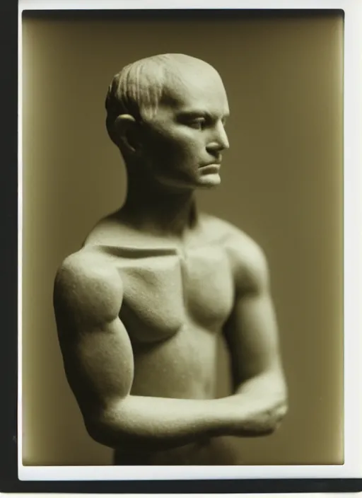 Prompt: an an android with an adult male human looking face is the thinker by auguste rodin, polaroid, flash photography, photo taken in a back storage room where you can see empty shelves in the background, 3 / 4 view portrait head chest and arms portrait of