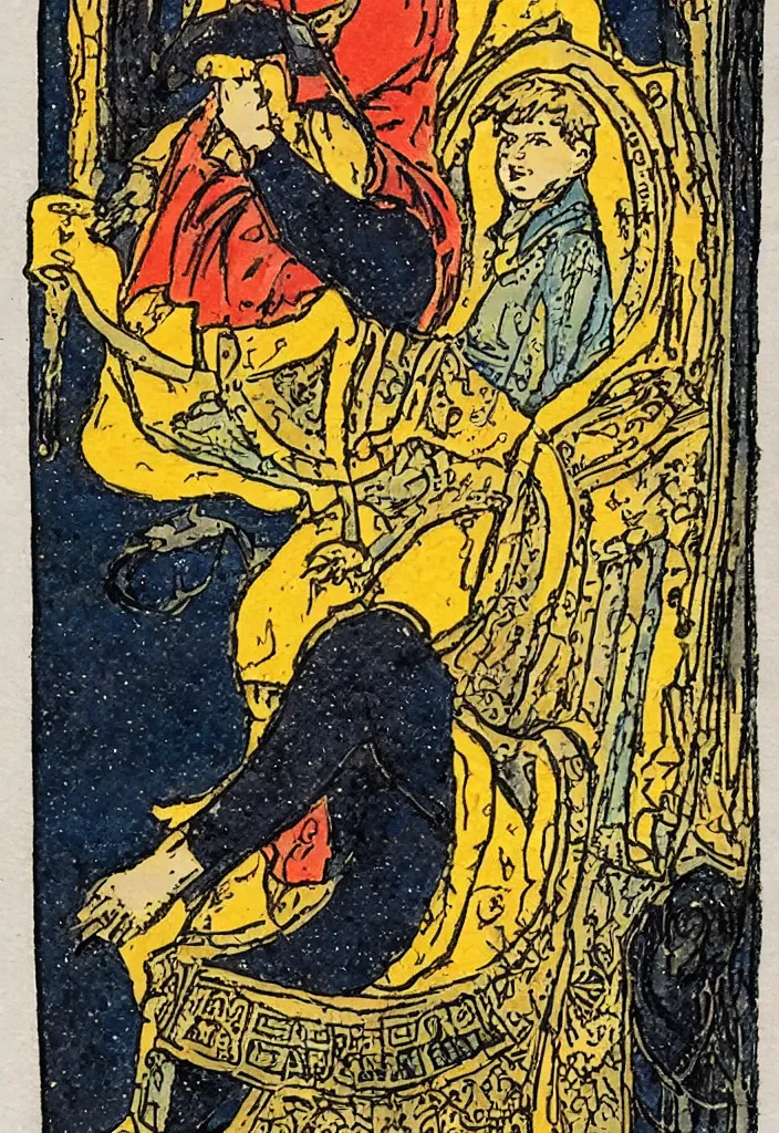 Image similar to Yann LeCun sitting on the throne on a tarot card, illustrated on the Rider–Waite tarot.