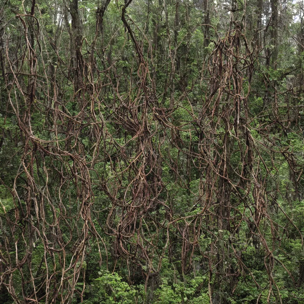 Image similar to vile, disgusting, horrifying, forest full of mutated centiped intertwined with trees