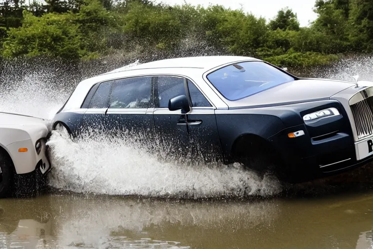 Image similar to Group of teenagers push Rolls-Royce into lake from small slide