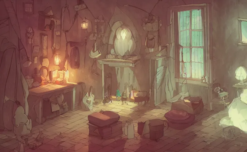 Prompt: a witch's room, crystal lights, mysterious atmosphere, cel - shading, cinematic, artstation, studio ghibli, miyazaki, highly details