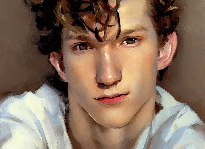 Image similar to a highly detailed beautiful portrait of tom holland, by gregory manchess, james gurney, james jean