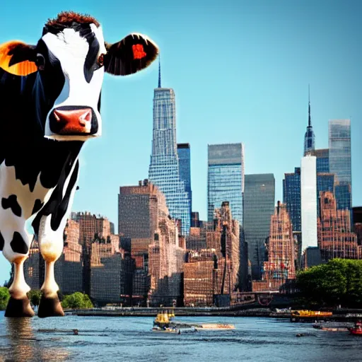 Image similar to giant mutant cow attacking new york city