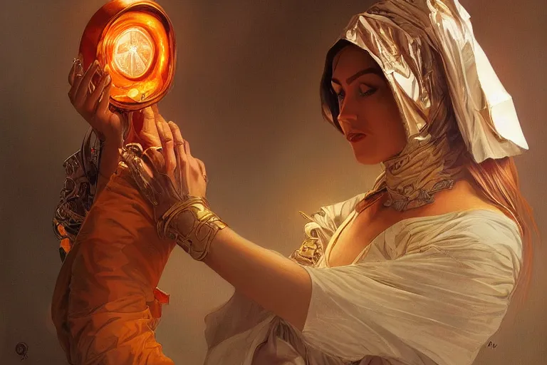 Image similar to portrait of tinfoil hat man in orange t - shirt behind his wife, feelings, romantic, fantasy, intricate, elegant, highly detailed, digital painting, artstation, concept art, smooth, sharp focus, illustration, art by artgerm and greg rutkowski and alphonse mucha