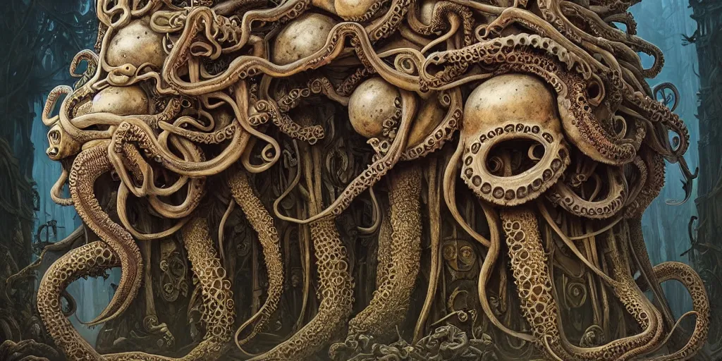 Image similar to biomechanical creature with big octopus head guarding an ancient chest in a mystic forest, gothic and baroque, brutalist architecture, ultradetailed, Intricate by Ellen Jewett and Josan Gonzalez and Giuseppe Arcimboldo