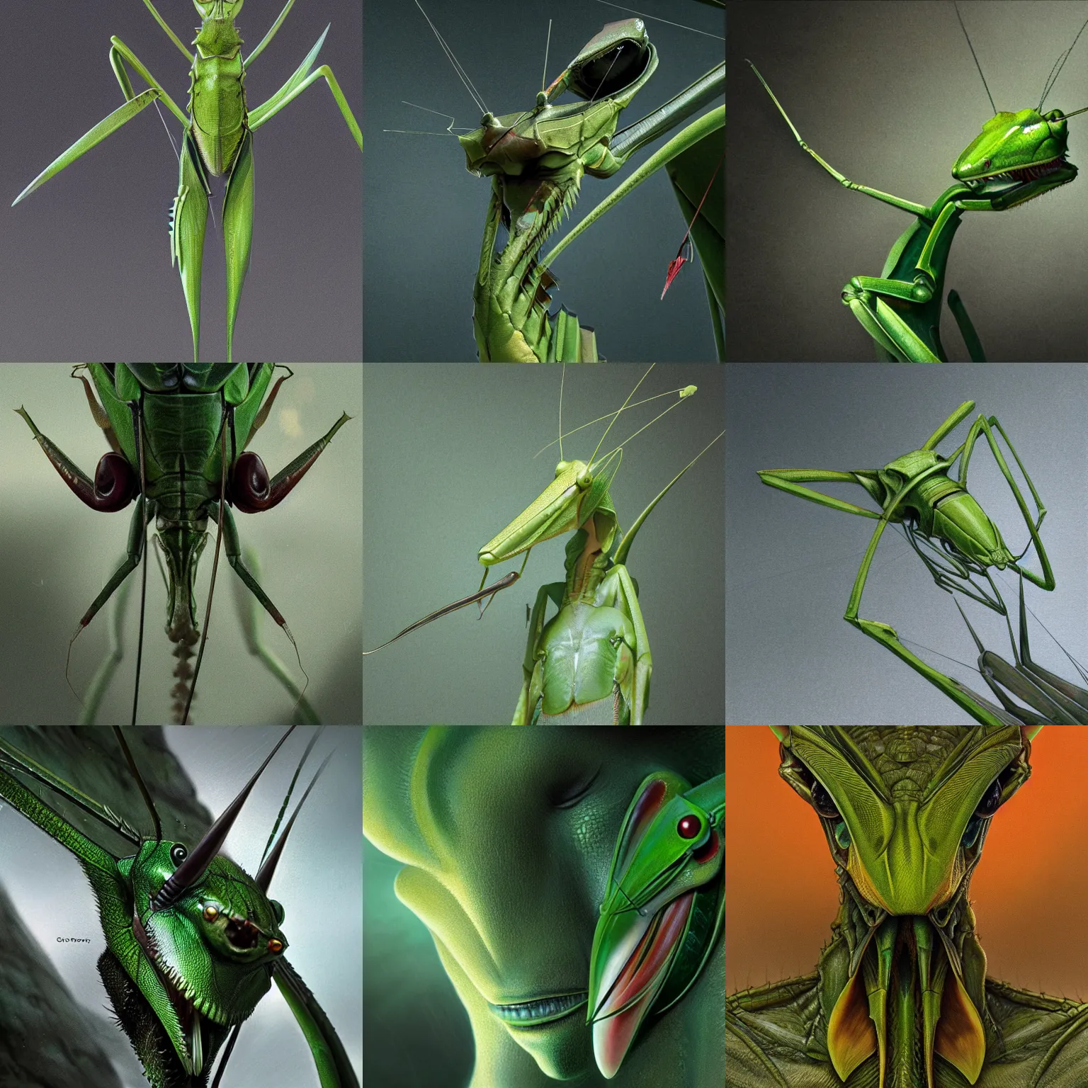 Prompt: close - up concept art of a green praying mantis assassin, flat triangular head with thin thread - like antennae, mantid features, anatomically correct, hyperrealistic, fantasy art, moody lighting, by greg rutkowski, giger, ian miller, deviantart, trending on artstation, concept art, sharp focus, octane render