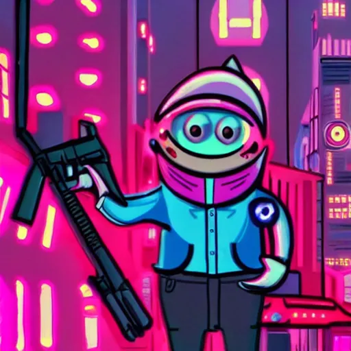 Prompt: patrick star with a pistol in a cyberpunk city, gangster, dark, neon lights, streets
