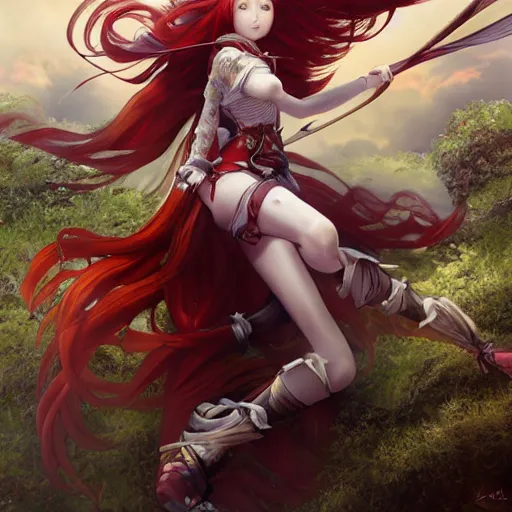 Prompt: a long - red - haired female knight as an absurdly beautiful, elegant, young sensual anime girl, floating in the sky, ultrafine hyperrealistic detailed face illustration by kim jung gi, irakli nadar, intricate linework, sharp focus, bright colors, matte, final fantasy, unreal engine highly rendered, global illumination, radiant light, intricate environment