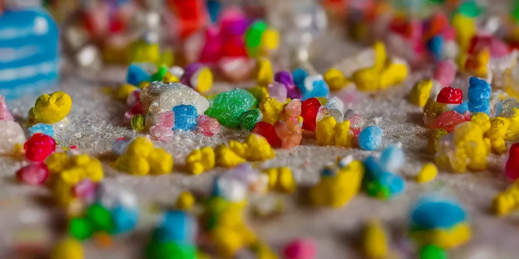 Image similar to a cinematic film still of a claymation stop motion film about a town made of lemons and candy, shallow depth of field, 8 0 mm, f 1. 8