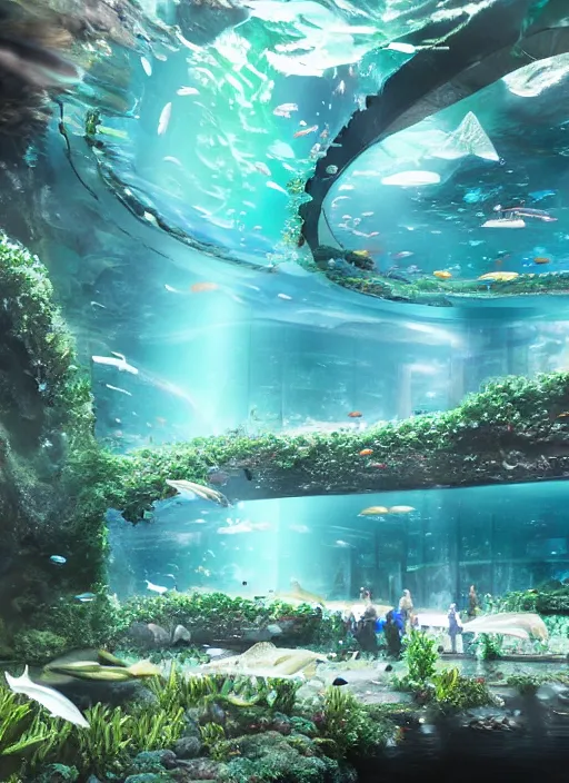 Image similar to fantastic space. aquarium underwater corridor. people observing lots of clear fish. water droplets, highly detailed, artstation trend, highly detailed and intricate, studio ghibli, makoto shinkai, no blur, photography, unreal engine 5