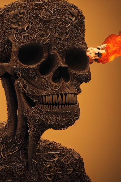 Prompt: portrait of a skull smoking a cigar, intricate, abstract, intricate artwork, nightmare fuel by tooth wu wlop beeple dan mumford, octane render