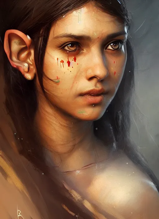 Prompt: Portrait of Indian girl with elven ears, realistic, detailed, 4k by Greg Rutkowski Mark Arian trending on artstation