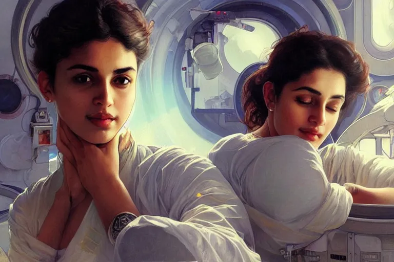 Image similar to Sensual good looking pale young Indian doctors wearing jeans in a space station above Earth performing surgery, portrait, elegant, intricate, digital painting, artstation, concept art, smooth, sharp focus, illustration, art by artgerm and greg rutkowski and alphonse mucha