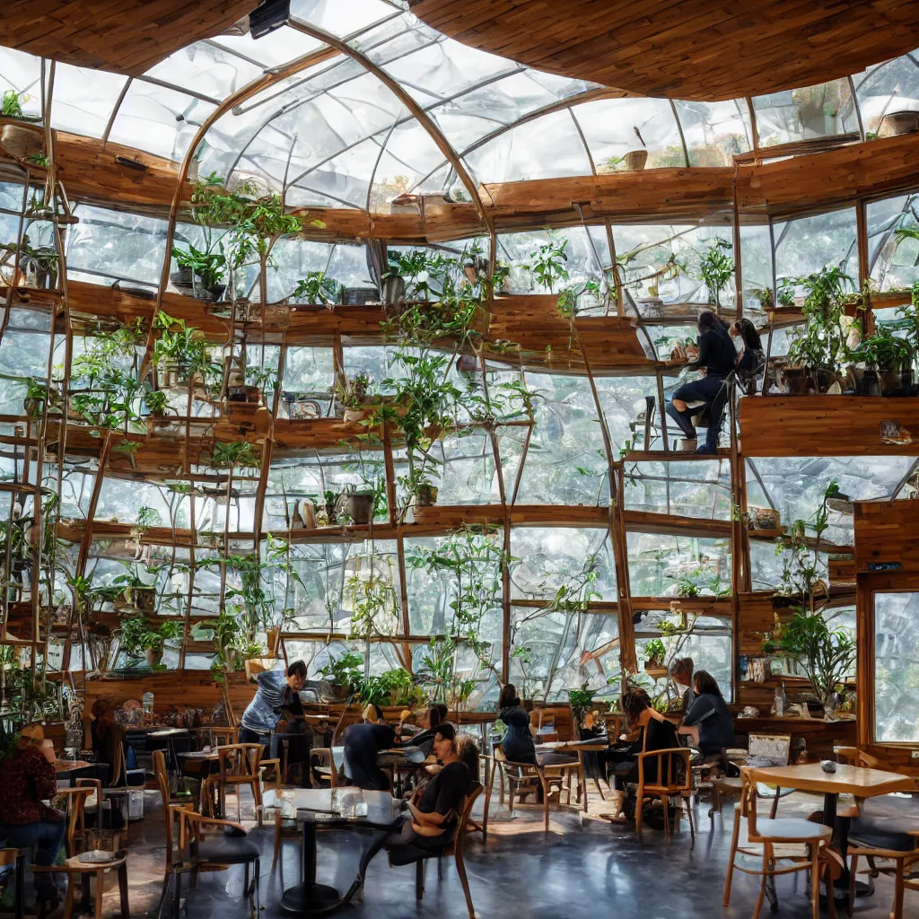 Prompt: inside luxurious earthship cafe with sunken lounge and indoor garden with skylights, friendly barista, and artist painting a calming mural on the wall, clean and simple composition, golden ratio, rule of thirds, XF IQ4, 150MP, 50mm, F1.4, ISO 200, 1/160s, dawn