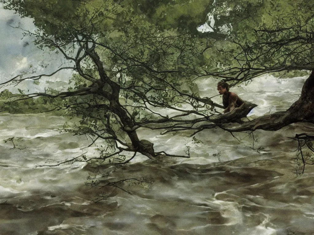 Image similar to Young man swimming in a turbulent river in the afternoon. Acacia trees in the wind, lightning strikes. Painting by Andrew Wyeth