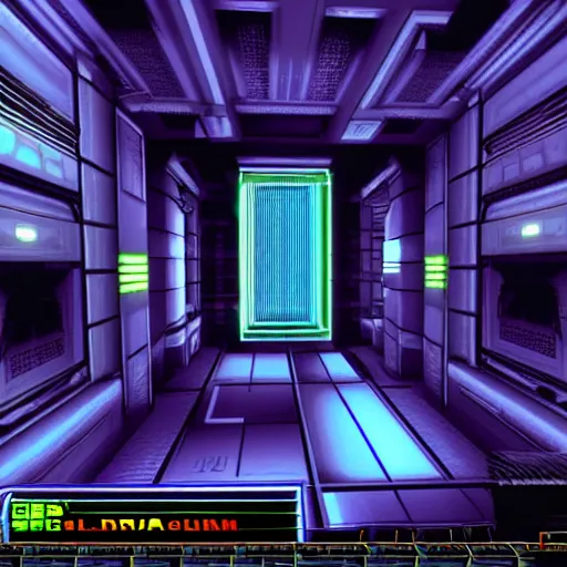 Prompt: Screenshot from the computer game system shock 2