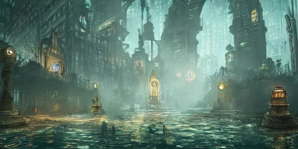 Prompt: an environmental concept art of bioshock, interior, highly detailed, large windows look out onto an underwater city, wet, environmental light, cinematic by francis tneh