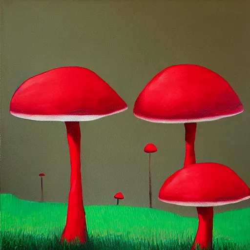 Image similar to modern painting giant mushrooms with red caps in a forest that is bright and cheerful