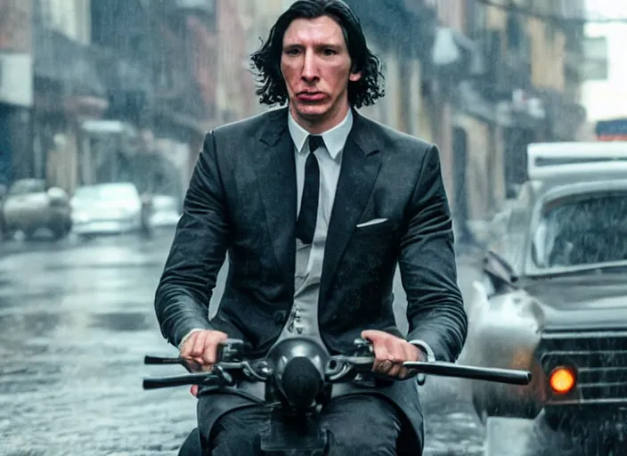 Image similar to first official image from bond 2 6, starring adam driver as agent 0 0 7, riding an actual live shark through the streets of valparaiso, chile in heavy rain. directed by alejandro inarritu. stunning cinematography, kodak vision 2 0 0 t, high contrast, anamorphic lens, chromatic aberration.