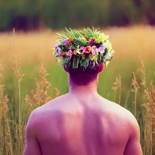 Prompt: kodak portra 4 0 0 photograph of a skinny blonde guy standing in field of tall colorful grasses, back view, flower crown, moody lighting, telephoto, 9 0 s vibe, blurry background, vaporwave colors, faded!,