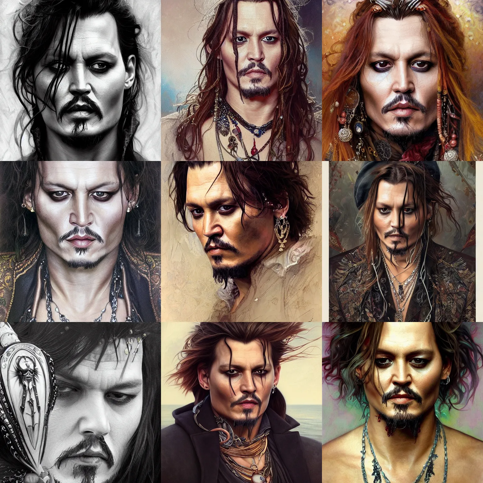 Prompt: Portrait of the Johnny Depp, unreal, fantasy, intricate, elegant, dramatic, highly detailed, photorealistic, digital painting, painterly, artstation, concept art, smooth, sharp focus, art by John Collier and Krenz Cushart and Artem Demura and Alphonse Mucha and Albert Aublet