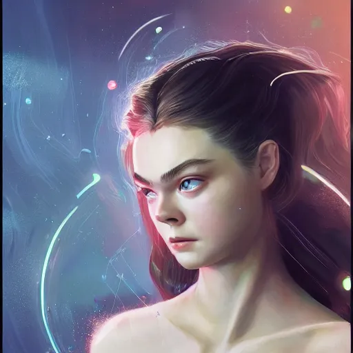 Image similar to portrait of modern darna, elle fanning in prey, intricate, elegant, glowing lights, highly detailed, digital painting, artstation, glamor pose, concept art, smooth, sharp focus, illustration, art by wlop, mars ravelo and greg rutkowski