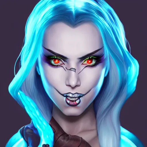 Image similar to face of jinx from arcane, centered, symmetrical, artgerm, artstation