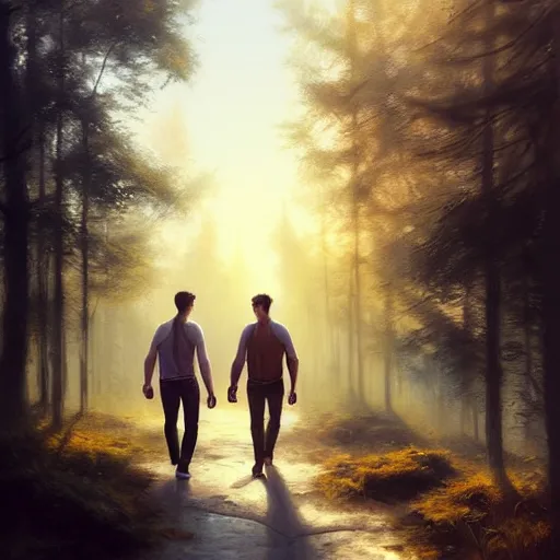 Image similar to 2 handsome masculine men walking together going to a festival | | sunny, dreamlike art, mist, realistic shaded, smile, good looking, fine details, 4 k realistic, cryengine, realistic shaded lighting poster by greg rutkowski, magali villeneuve, artgerm, jeremy lipkin and michael garmash and rob rey