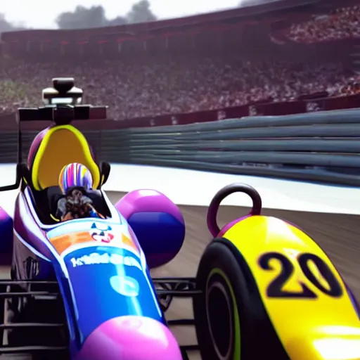 Prompt: willy wonka driving an f1 car with a pit crew of oompa loompas. Beautifully detailed. 8k. Cinematic lighting.