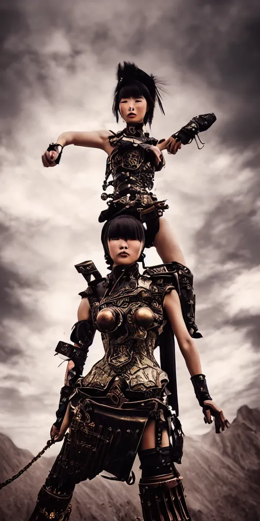 Prompt: vertical movie frame with asian female standing on steam punk train, armor inspired by ancient japan and fashion, clean beautiful face, epic, perfect body, brutal blooded sluty, award winning, establishing shot, extremely high detail, photorealistic, brutal, provocative, octane render, editorial, extreme sports photography