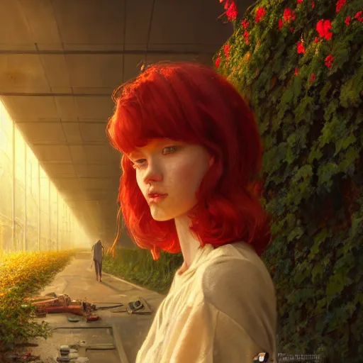 Image similar to red hair girl, chernobyl powerplant, disneyland castle, rubble, flowers, vines, hyperrealistic, highly detailed, cinematic, single ray of golden sunlight, beautiful, cgssociety, artstation, 8 k, oil painting by greg rutkowski, by artgerm, by wlop