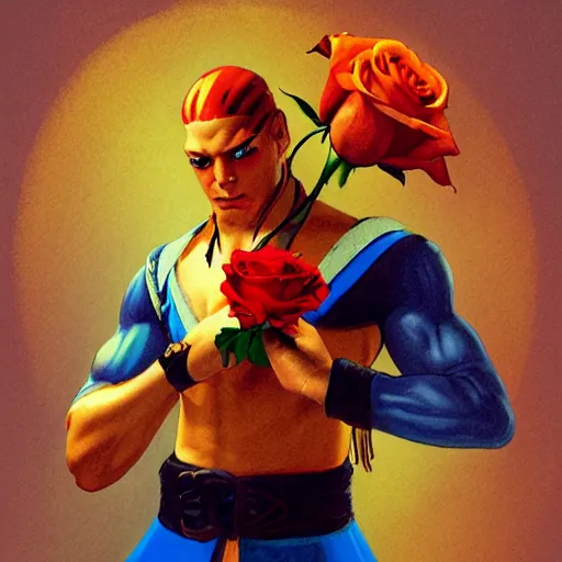 Image similar to Vega from street fighter holding a rose, in the style of Frederic Remington, artstation, claw