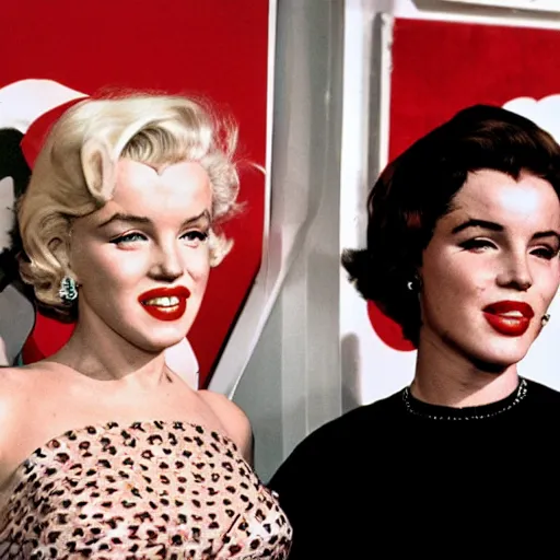 Image similar to marilyn monroe and lana del rey in a movie premiere, photograph, detailed, 60s