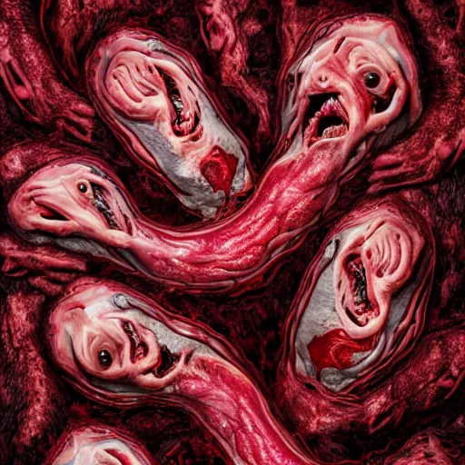 Prompt: an ultra-detailed high-quality photo of twisted humans melting together, forming a blood-red livid amorphous mass of body horror, oozing blood, slimy, reflective, composed of random limbs, patches of fur, eyes, teeth, and intestines falling out and slithering away