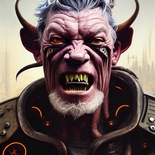 Image similar to portrait painting of a cyberpunk orc doctor muscular ian mckellen with fangs and tusks, ultra realistic, concept art, intricate details, eerie, highly detailed, photorealistic, octane render, 8 k, unreal engine. art by artgerm and greg rutkowski and charlie bowater and magali villeneuve and alphonse mucha