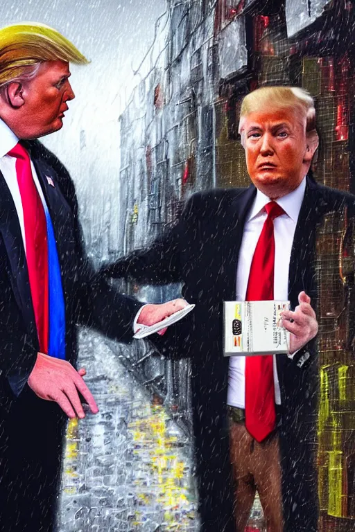 Prompt: digital art of donald trump buying drugs from vladimir putin in a dark raining city alleyway