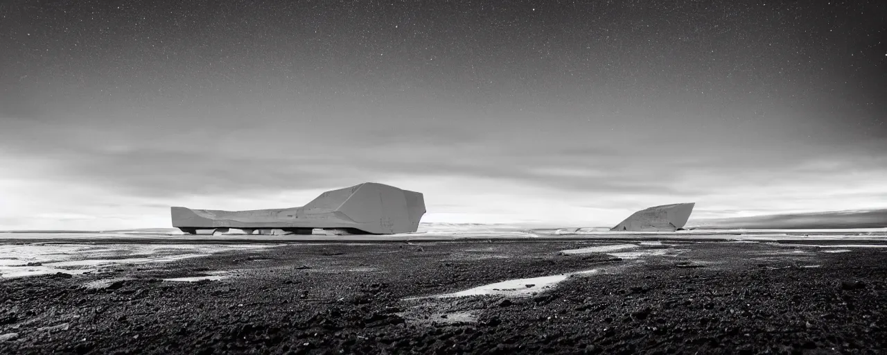 Image similar to cinematic shot of giant symmetrical futuristic military spacecraft in the middle of an endless black sand beach in iceland with icebergs in the distance,, 2 8 mm