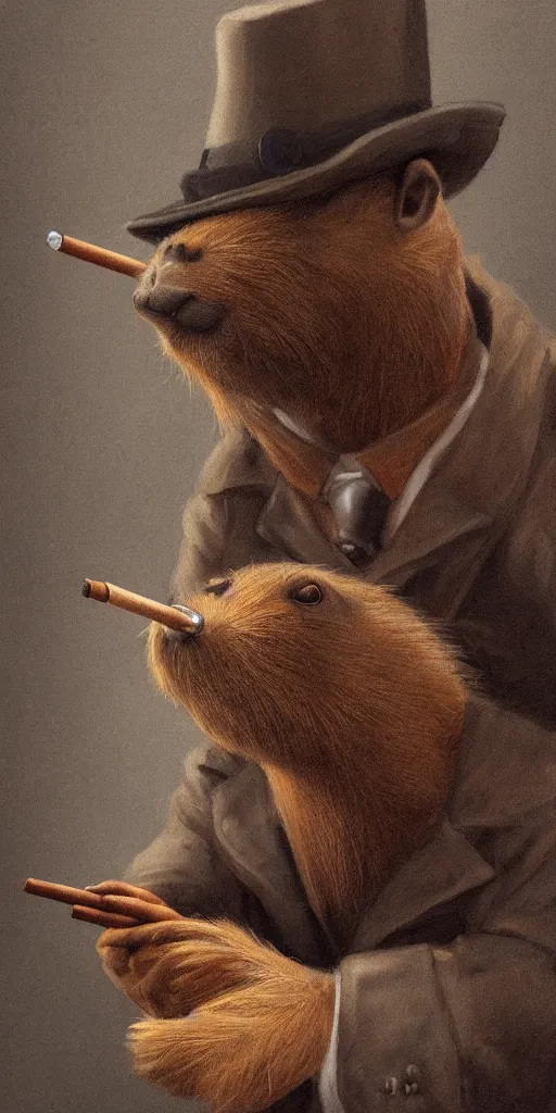 Image similar to oil painting of anthropomorphized capybara smoking a cigar, detective clothes, close shot, full body, dark steampunk mine shaft background, sharp focus, fantasy style, octane render, volumetric lighting, 8k high definition, highly detailed, trending on art Station, dungeons and dragons artwork, centered