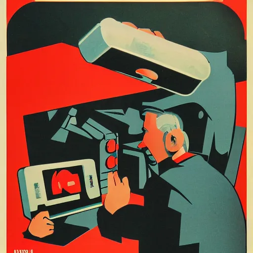 Image similar to soviet style propaganda poster of people hating technology