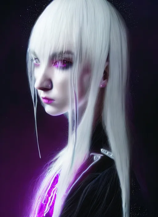 Image similar to hair whitebangs hair, black cyberlox, portrait of teenage girl with white bangs, whitebangsblackhair, messy bangs, cyberlox, whitebangs, red irises, purple clothes, intricate, elegant, glowing lights, highly detailed, digital painting, artstation, concept art, sharp focus, illustration, art by wlop, mars ravelo and greg rutkowski