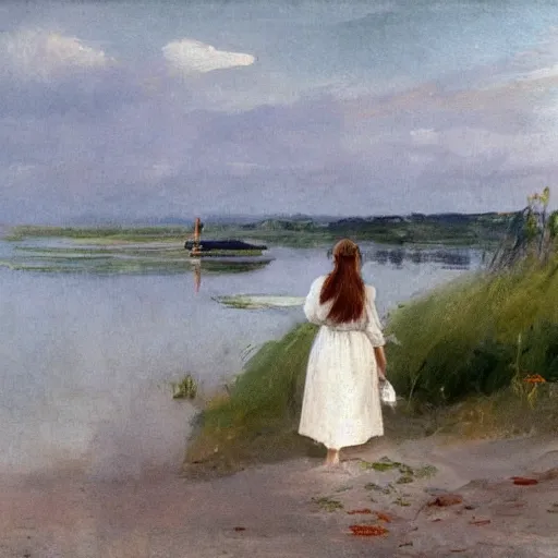 Image similar to a young woman wearing a white dress on a Swedish beach, a small rowboat is visible, in the style of anders zorn