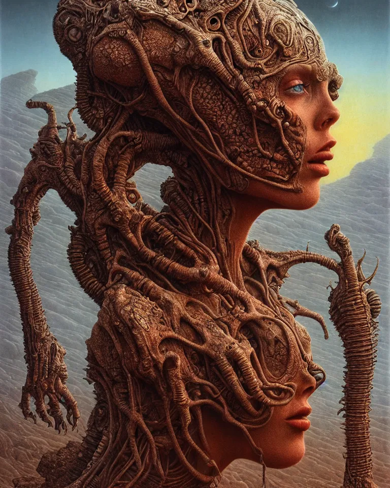 Image similar to ultra realist intricate detailed portrait of a single rugged attractive female on an alien landscape, insanity, accurate features, apocalyptic, very intricate details, 8 k resolution, dim lighting, volumetric lighting, artstyle zdzisław beksinski and keith thompson, award winning