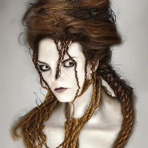 Image similar to portrait of a Shibari rope wrapped face and neck, headshot, insanely nice professional hair style, dramatic hair color, digital painting, of a old 18th century, traveler, amber jewels, baroque, ornate clothing, scifi, realistic, hyperdetailed, chiaroscuro, concept art, art by Franz Hals and Jon Foster and Ayami Kojima and Amano and Karol Bak,